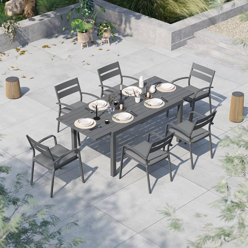 Outdoor Dining Set Expandable Aluminum Table with Wood Accents