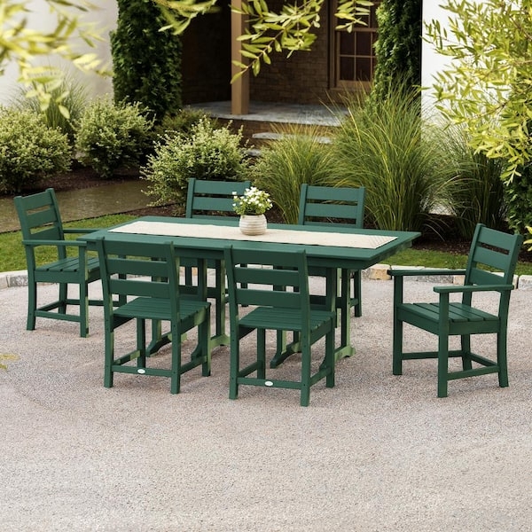 Outdoor Dining Set Farmhouse Sage Green Finish 7-Piece Configuration Slats