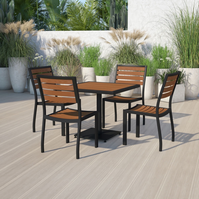 Outdoor Dining Set Faux Teak Slats Matte Black Frames Industrial Style