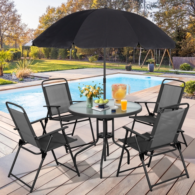Outdoor Dining Set: Folding Chairs, Umbrella & Tempered Glass Top