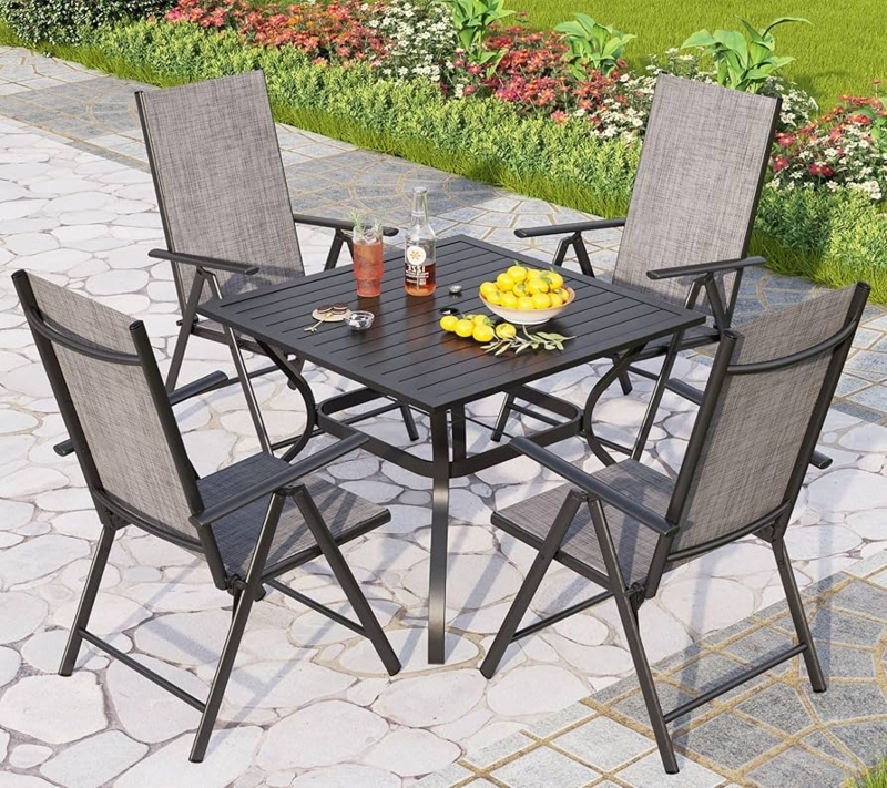 Outdoor Dining Set: Folding Mesh Chairs, Slatted Metal Top, Modern Patio.