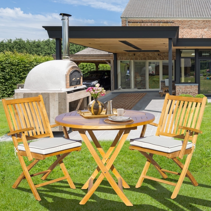 Outdoor Dining Set, Folding Teak Wood, Navy Cushions, Round Slat Table