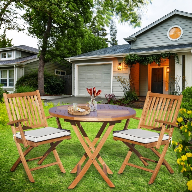 Outdoor Dining Set, Folding Wood, Slatted Round Table, Off-White Cushions