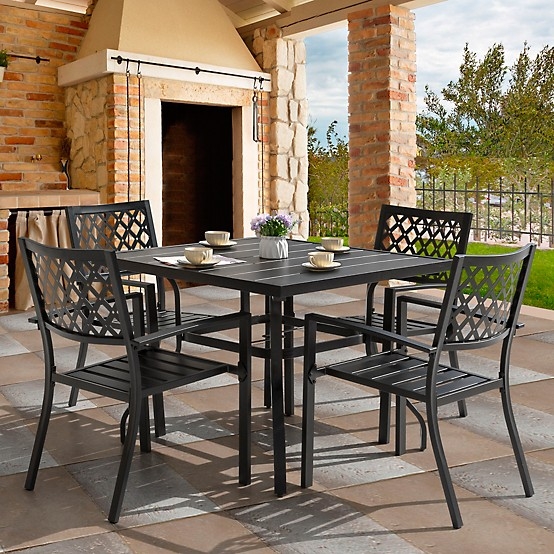 Outdoor Dining Set Gold Speckled Black Metal Square Table Slat Back