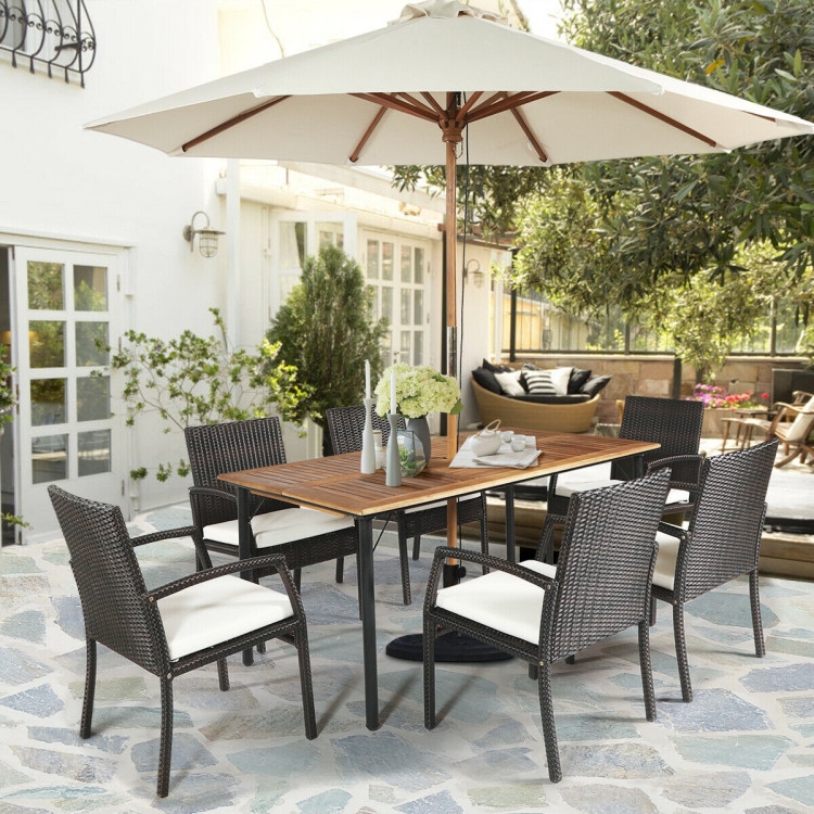 Outdoor Dining Set Gray Woven Wicker 7-Piece with Wood-Toned Top