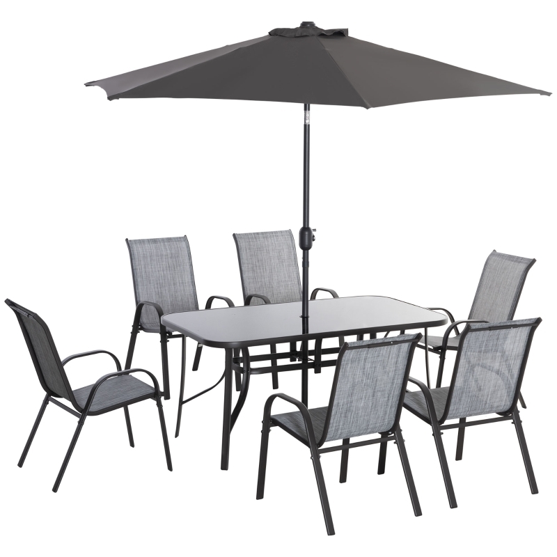 Outdoor Dining Set Grey 8-Piece Sling Chairs With Crank Lift Umbrella