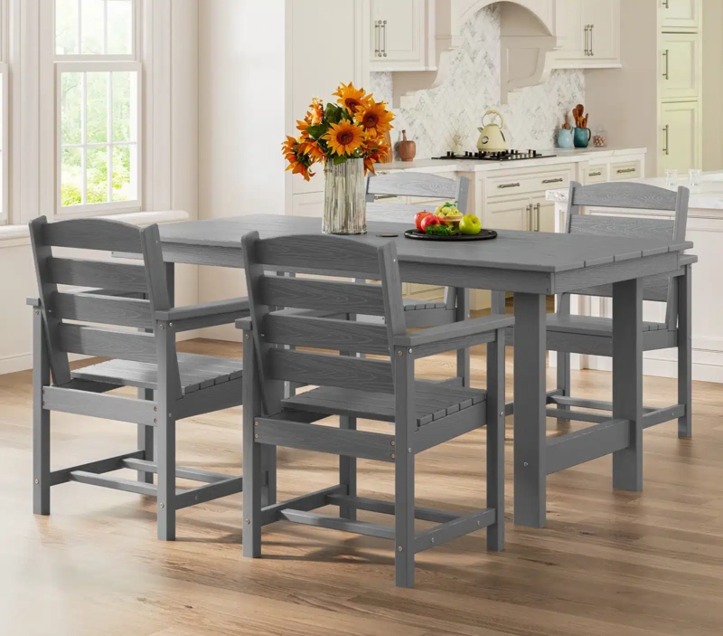Outdoor Dining Set HDPE Poly Lumber Wood Grain Round Slatted Table