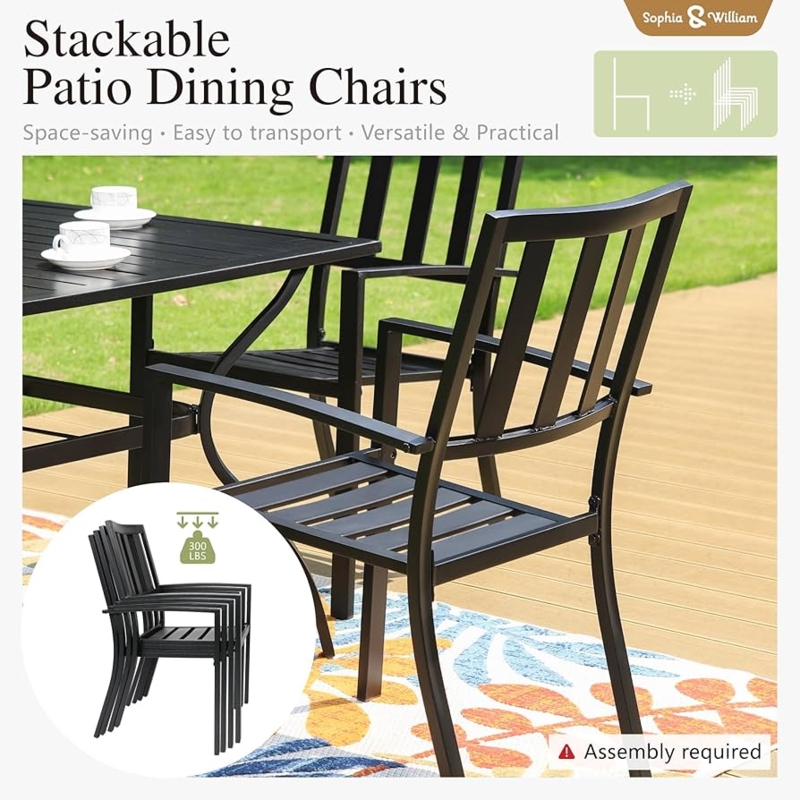 Outdoor Dining Set High Back Black Metal Chairs Slatted Table 5 Piece