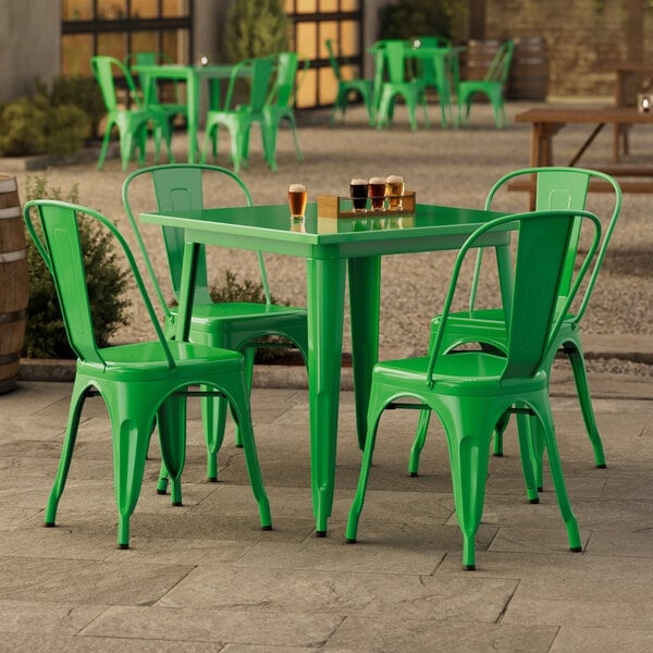Outdoor Dining Set Industrial Alloy Jade Green Slat Top Bistro Table