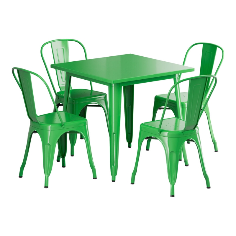 Outdoor Dining Set Industrial Cafe Jade Green Metal Perforated Seats