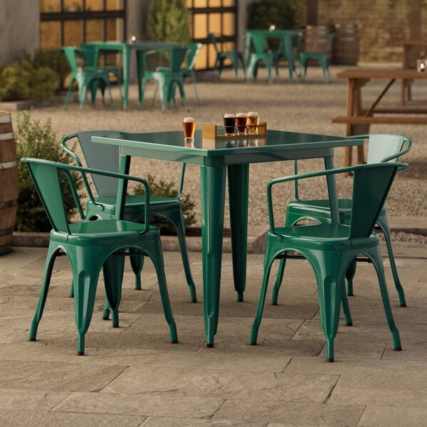 Outdoor Dining Set Industrial Emerald Green Finish Slatted Metal 5-Piece