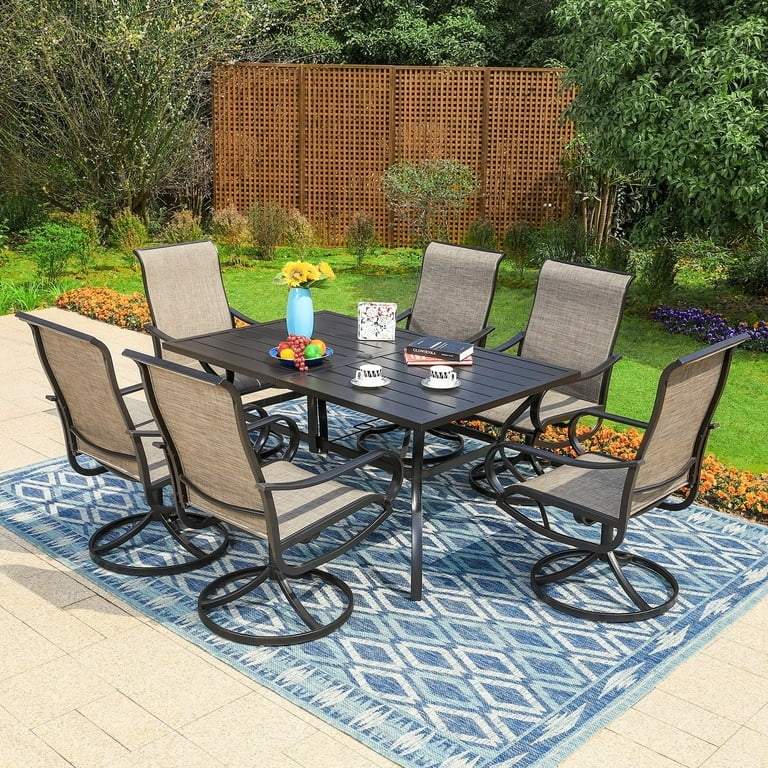 Outdoor Dining Set: Metal Slat Top with Mesh Swivel Chairs