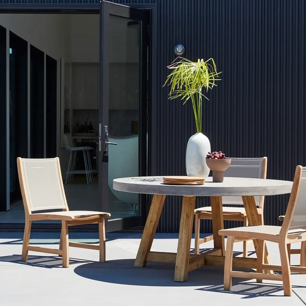 Outdoor Dining Set Mixed Material Frames Slatted Accents Charcoal Wood