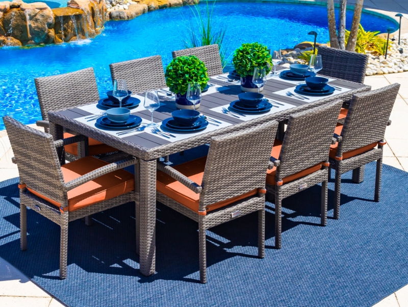 Outdoor Dining Set Nine Piece Gray Plank Top Modern Poolside Dining Area