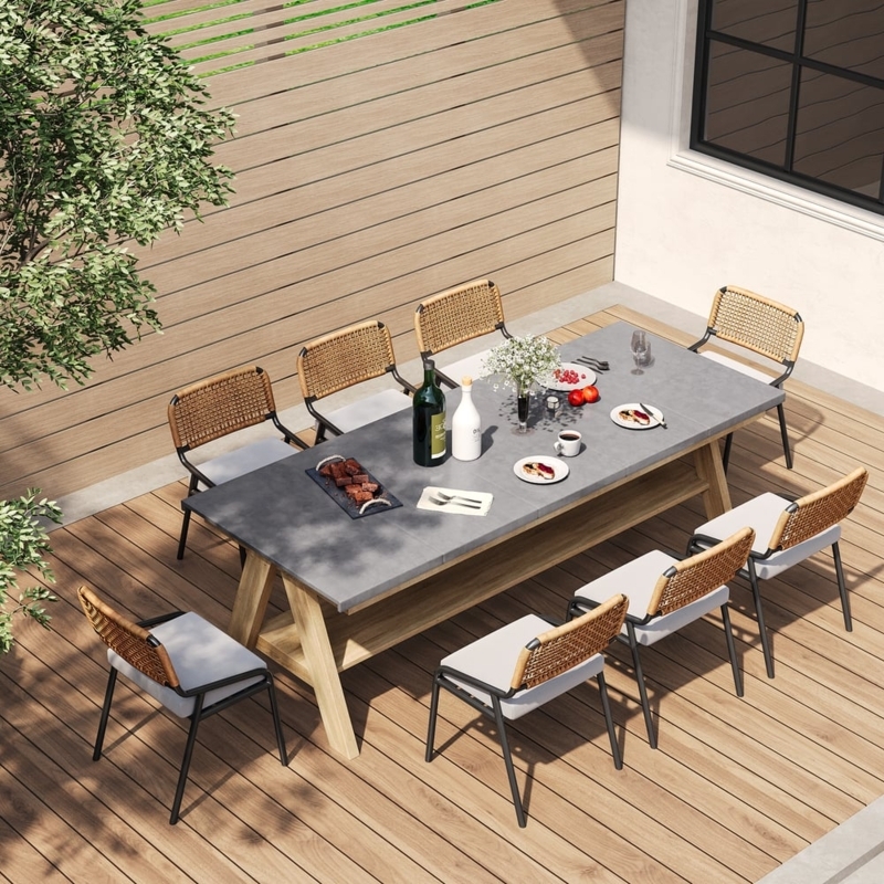 Outdoor Dining Set, Nine-Piece with Marble Top Table and Woven Chairs