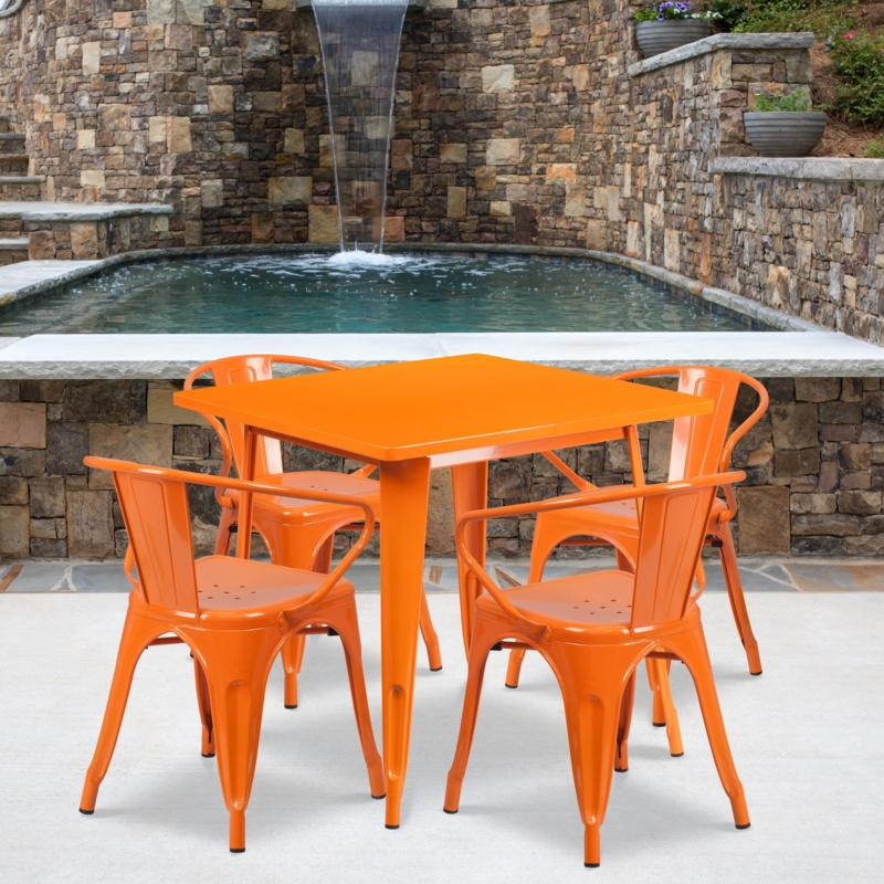 Outdoor Dining Set, Orange Perforated Metal, Square Table, Integrated Arms