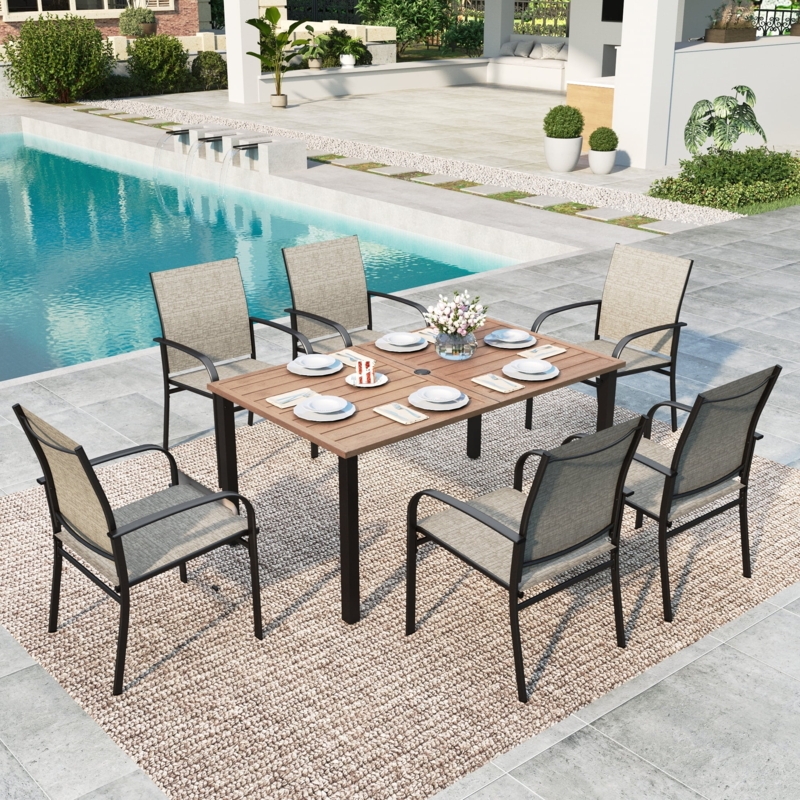 Outdoor Dining Set Patterned Metal Tabletop & Sling Chairs