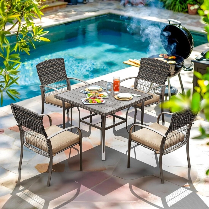 Outdoor Dining Set PE Rattan Glass Top Square Table Armless Chairs