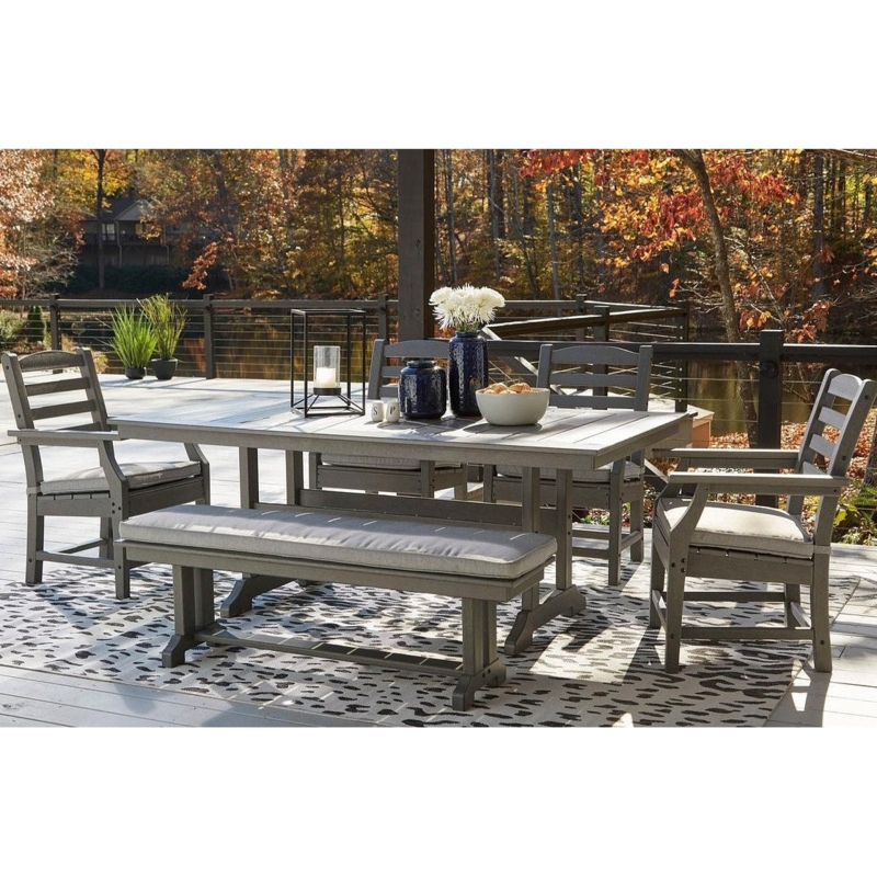 Outdoor Dining Set Poly Wood Slatted Design with Bench Seating