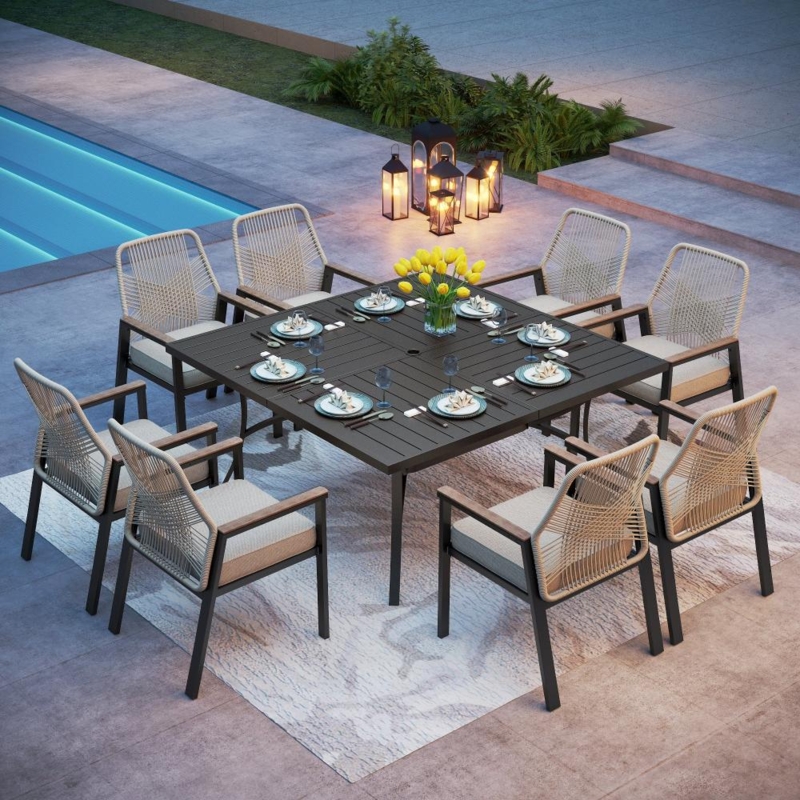 Outdoor Dining Set Rope Woven Swivel Chairs Square Table Modern Coastal