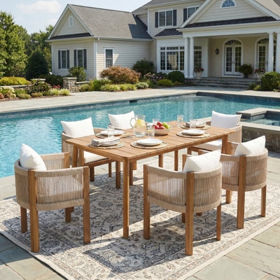Outdoor Dining Set Rope Wrapped Backs with Slatted Wood Table