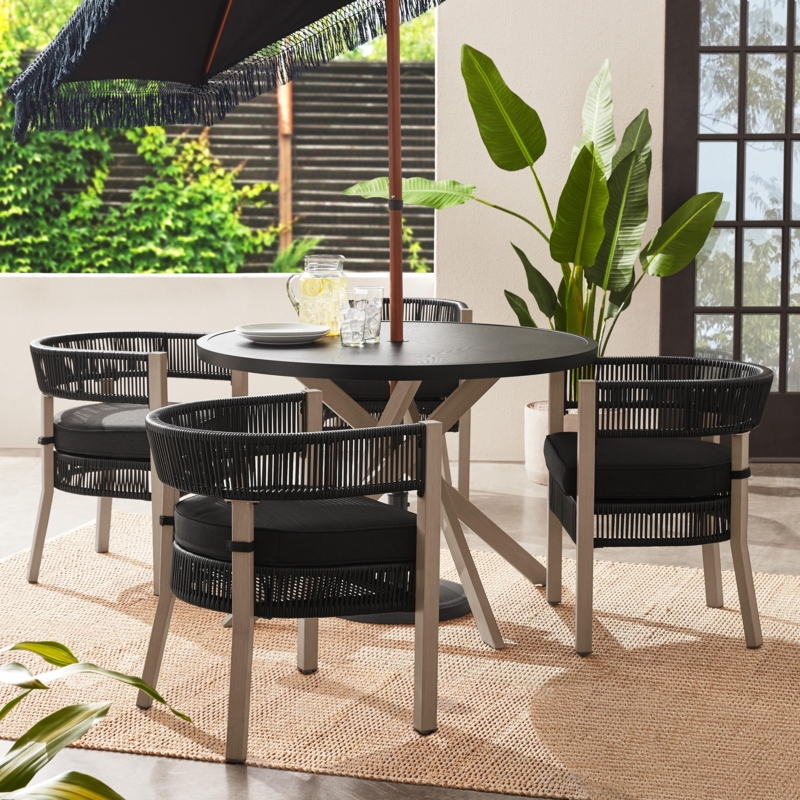 Outdoor Dining Set: Round Pedestal Table with Woven Wicker Chairs