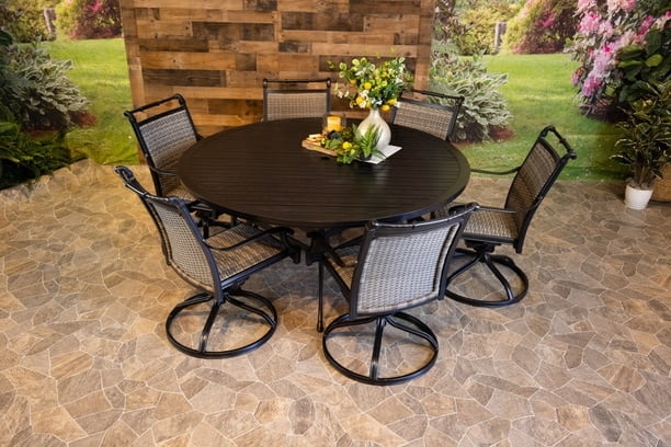 Outdoor Dining Set Round Stone Inlay Woven Swivel Chairs Luxury Poolside
