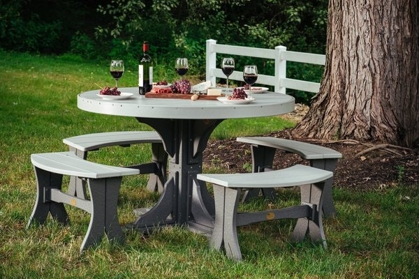 Outdoor Dining Set Round Two Tone Poly with Curved Benches Pedestal Base