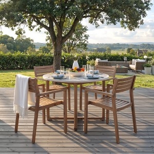 Outdoor Dining Set Round Wood Toned Gray Slatted Chairs Farmhouse