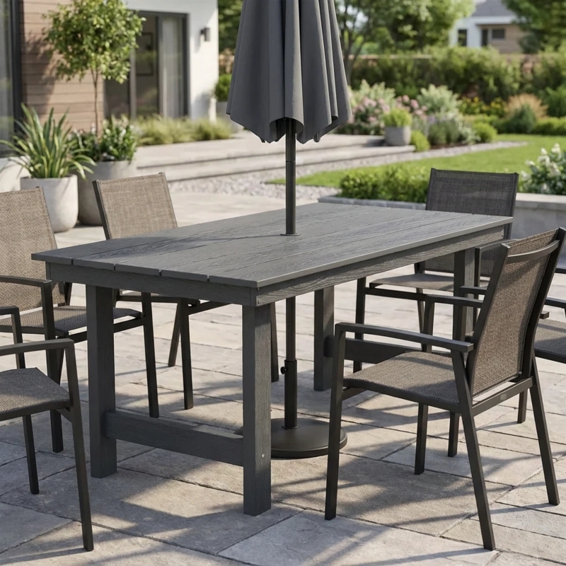 Outdoor Dining Set Six Person Capacity Charcoal Grey Slatted Design
