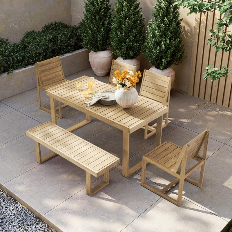 Outdoor Dining Set, Slatted Acacia Wood Patio Table with Bench