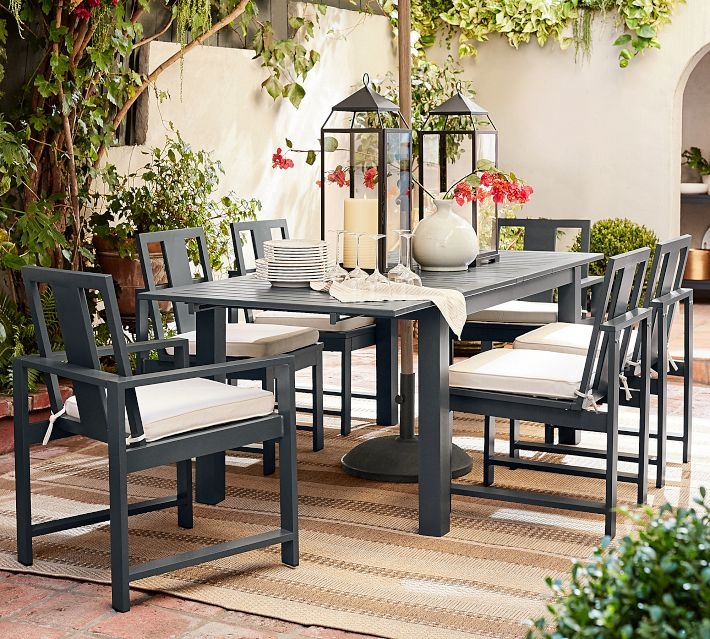 Outdoor Dining Set Slatted Metal Dark Gray Industrial Patio Design