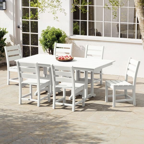 Outdoor Dining Set Slatted Modern Silhouette Seven Piece Layout Coastal