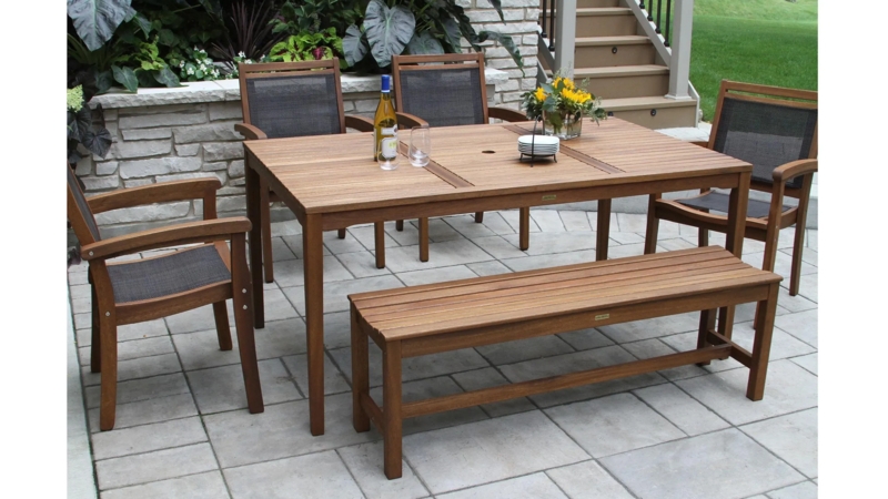 Outdoor Dining Set, Slatted Top Farmhouse Layout with Bench Seating