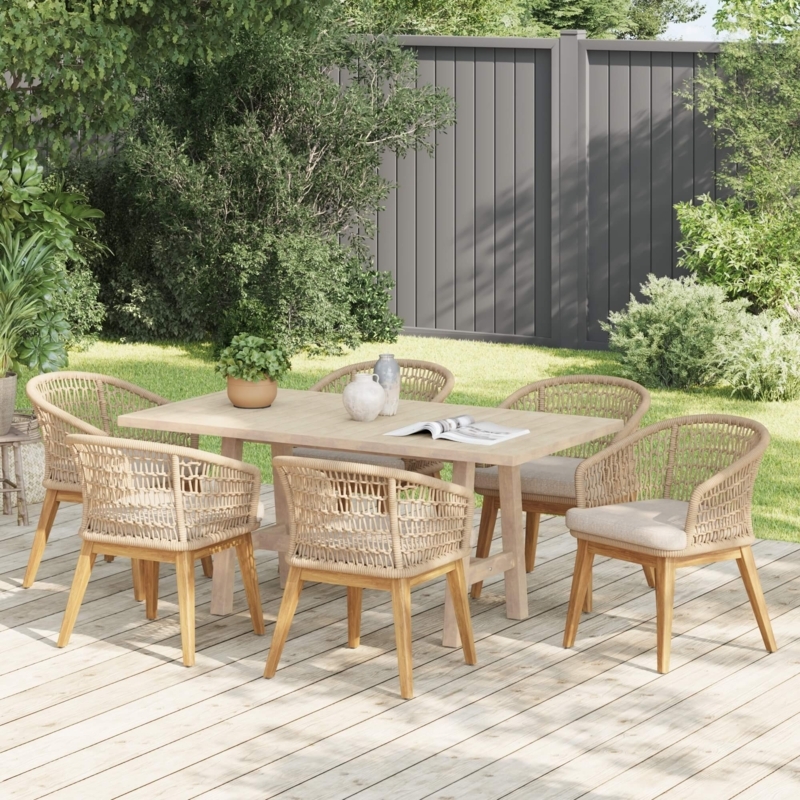 Outdoor Dining Set: Slatted Wood Top Table & Honeycomb Weave Chairs