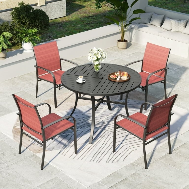 Outdoor Dining Set Spring Motion Chairs Sling Seating Lattice Top