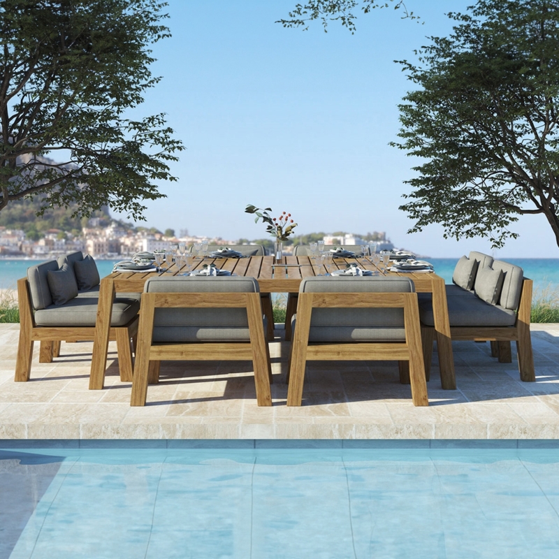 Outdoor Dining Set Square Dining Table Wood Toned Slatted Top Modern