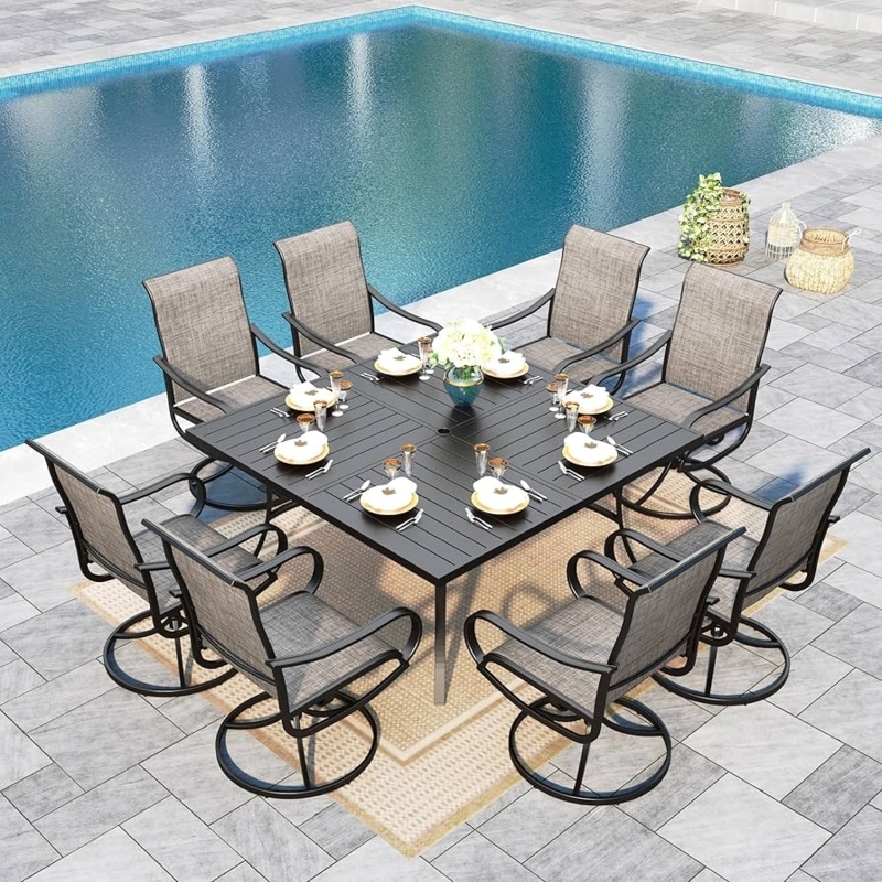 Outdoor Dining Set, Square Patio Dining Table Layout, Swivel Chairs