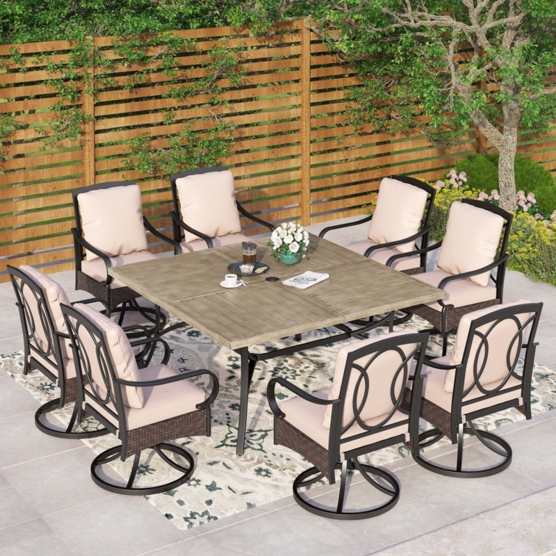 Outdoor Dining Set: Square Table for 8 with Swivel Chair Mix & Slatted Top