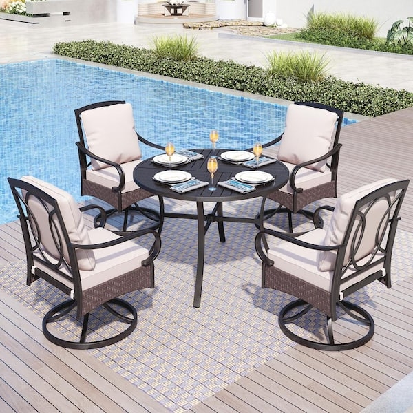 Outdoor Dining Set: Swivel Chairs, Lattice-Top Round Table.