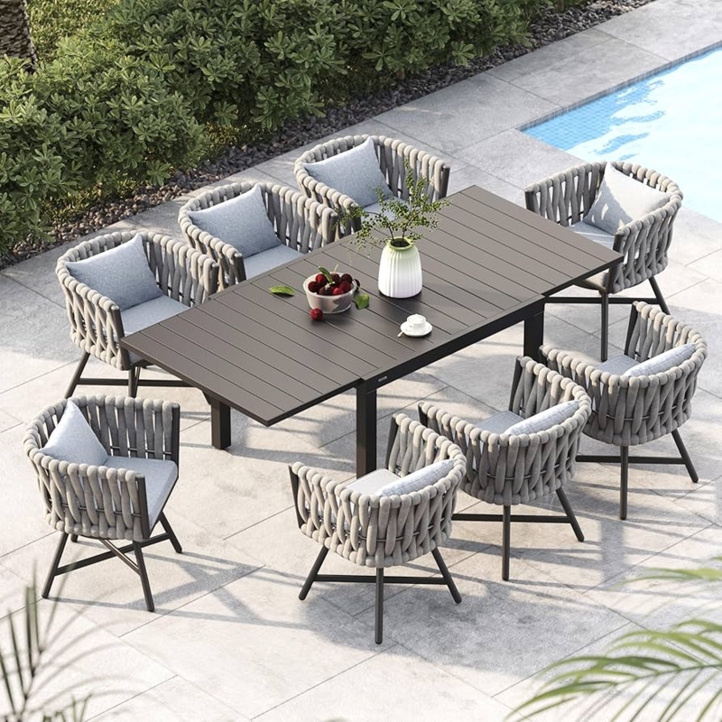 Outdoor Dining Set, Swivel Rope Wicker Patio Chairs, Expandable Table