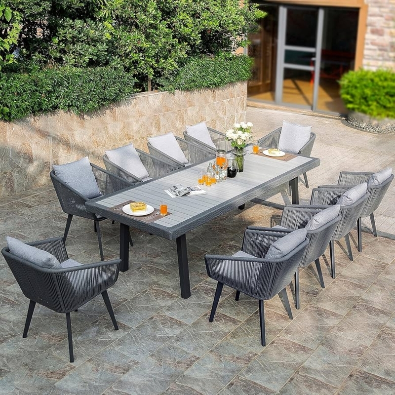 Outdoor Dining Set Ten Person Dark Brown Hand Woven Wicker Grey Cushions