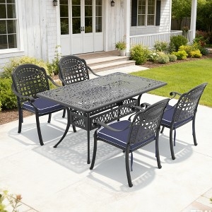Outdoor Dining Set Traditional Cast Aluminum Lattice Blue Cushions