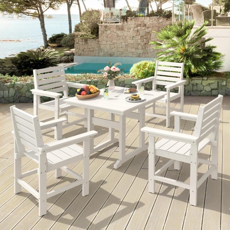 Outdoor Dining Set Umbrella Hole Table Slatted Top Espresso Contemporary