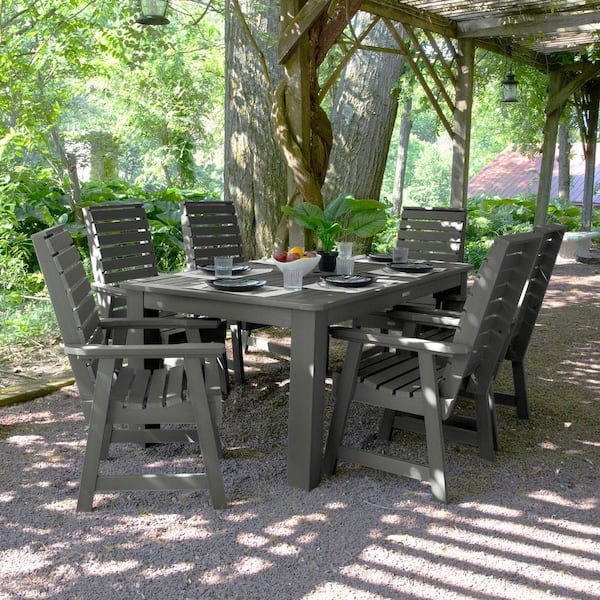 Outdoor Dining Set Weathered Gray Finish Slat Back Design