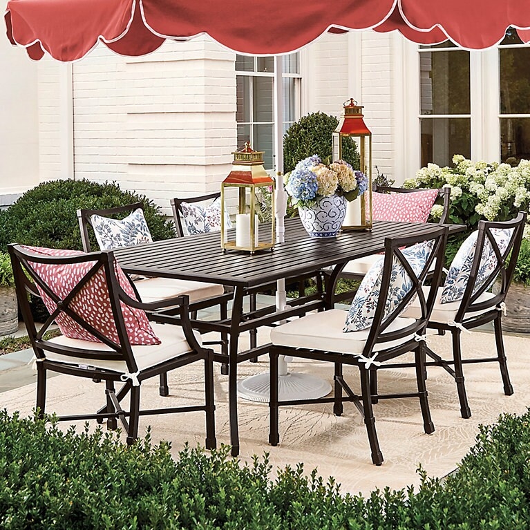 Outdoor Dining Set White Metal X-Back Detail Neoclassical Style