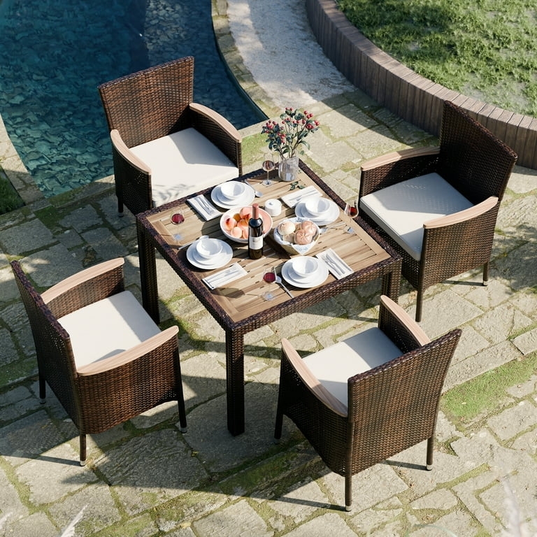 Outdoor Dining Set, Wicker Patio Dining Set Poolside, Slatted Table Top