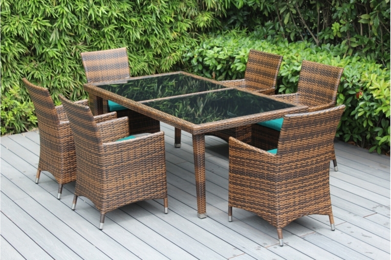 Outdoor Dining Set Wicker Rattan Glass Top White Cushions Modern Patio