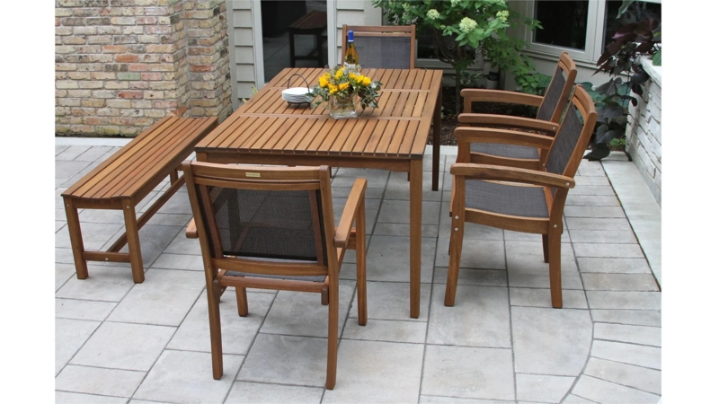 Outdoor Dining Set with Bench Seating, Slatted Wood Patio Table