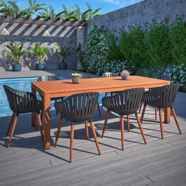 Outdoor Dining Set with Black Slatted Chairs, Modern Wood Layout